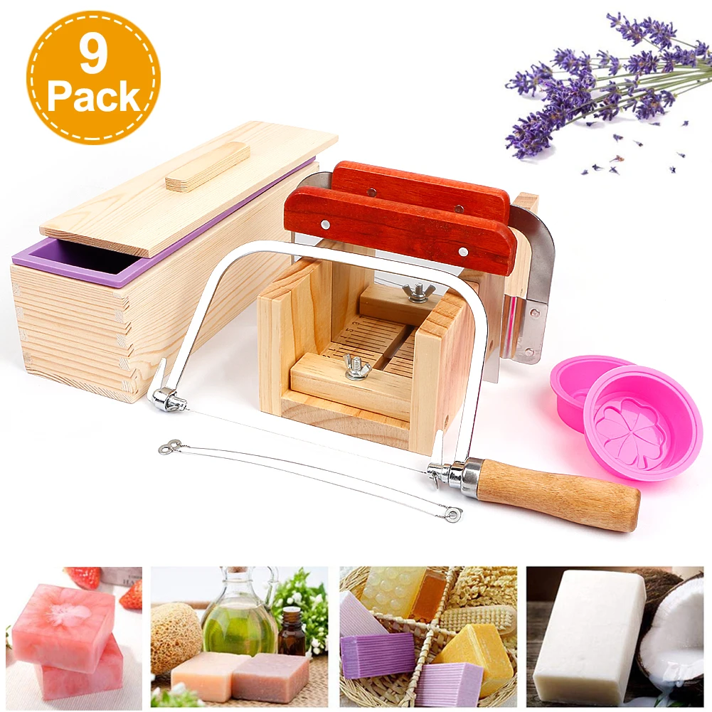Description Picture 2 of item9pcs Soap Mold Silicone Handmade Soaps Making Tool Set Rectangular Adjustable Wooden Loaf Cutter Box 2 Stainless Steel Cutters