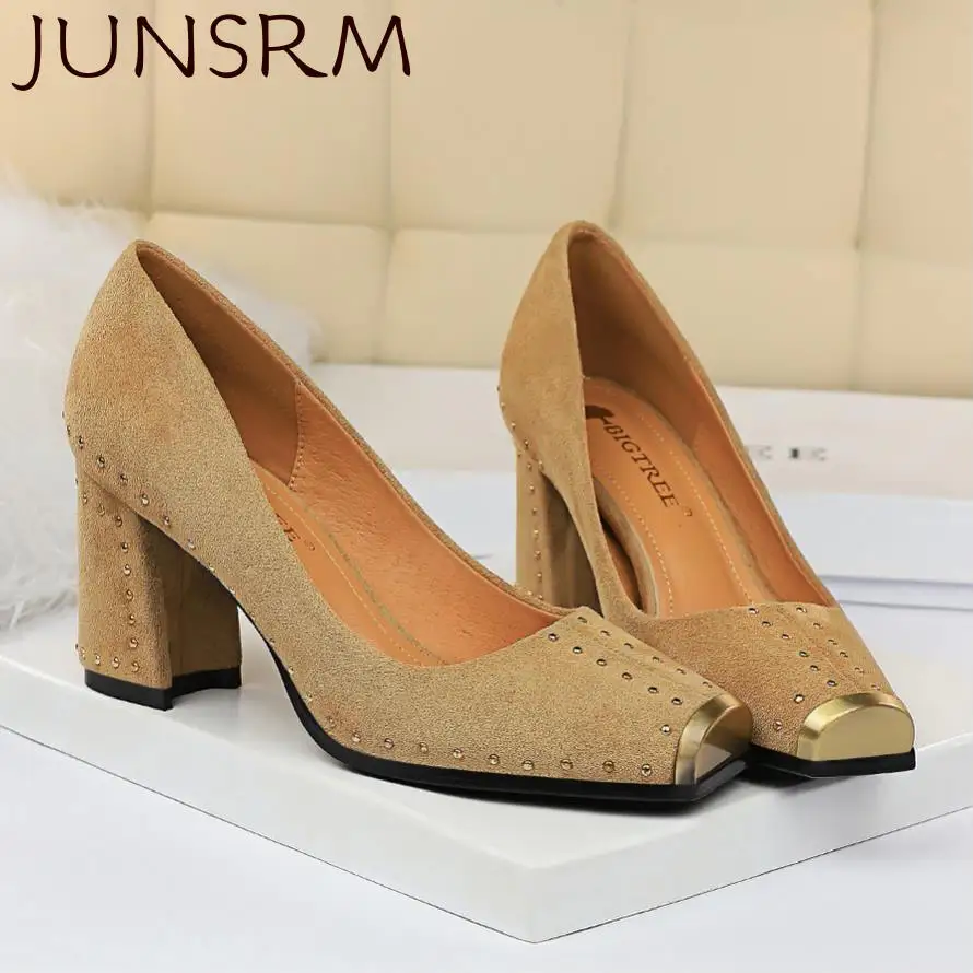 

2020 New Woman 7.5 cm Chunky Heel Pumps Rivet Autumn Women Square Metal Toe Slip On High Heels Women's Shoes Party Office Lady