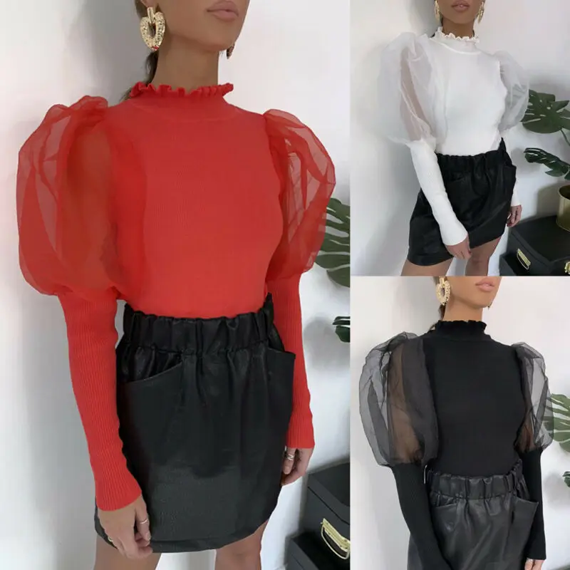 Прямая продажа новинка Женская сетчатая прозрачная водолазка с пышными рукавами