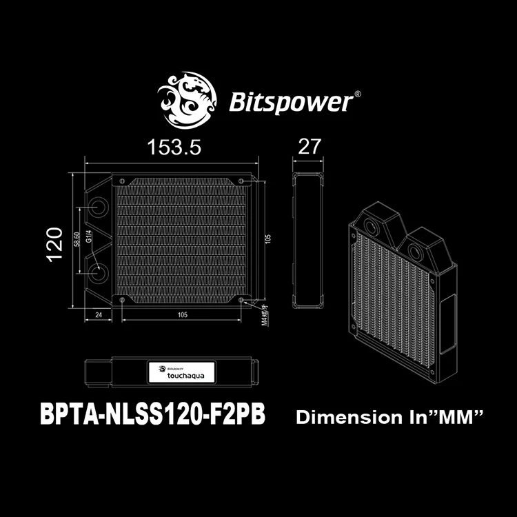 Bitspower Touchaqua G1/" 120 мм медный радиатор 12 см Радиатор Черный, 153,5x120x27 мм