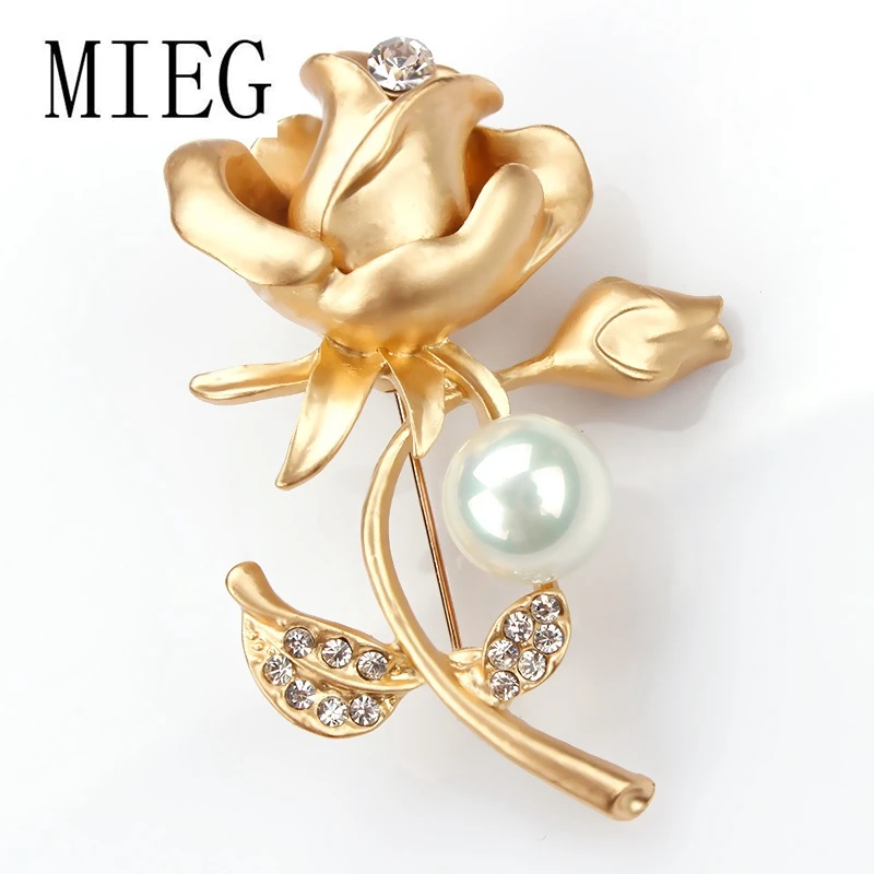 MIEG золотистый/Серебристый позолоченный металлический цветок розы брошь булавки с искусственным жемчугом для женщин платье одежда шляпа ювелирные изделия