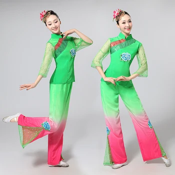 

Chinese traditional green good quality suits New Spring and Summer Square Yangge Garment National Modern Dance Female Fan Dance Performing Garment