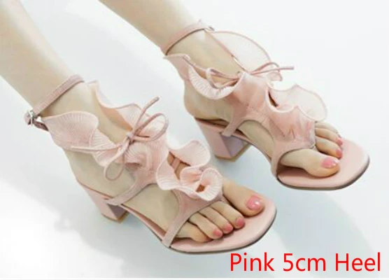 Pink 5cm Heel Женская Летняя Открытая клипса Toed сандалии женские модные ботинки с оборками Сладкий Розовый Черный обувь гладиаторы 5 см квадратный толстый высокий каблук - Цвет: Pink 5cm Heel