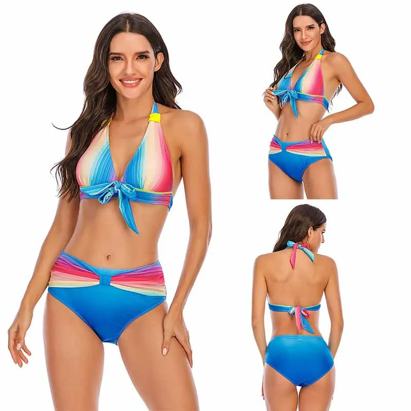 S-5XL Plus Size Neon Striped Bikini Set Push Up Women High Waist Halter Beach Swimwear Retro Bowknot Bathing Suit Swimming Suit gold bikini set