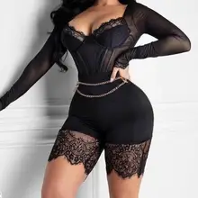 Slim Women Jumpsuits Sexy Solid Color Rompers See Through Lace Long Sleeve Zipper Playsuit Ropa Mujer 2020 New Hot Drop Shipping