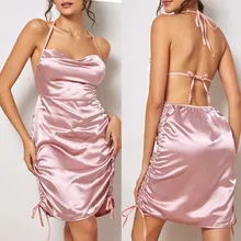 Пижамы женские пижамы милые женщины пятно Ruched узел деталь атласное мини-платье на бретельках без спинки женское белье