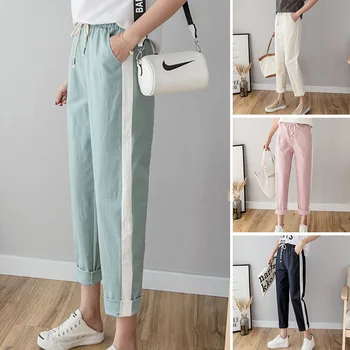 

Cotton Linen Capri Pants WOMEN'S Dress Spring and Summer New Style Casual Pants Lace-up Skinny Pants Athletic Pants Stripes WOME