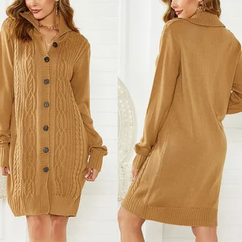 

New Front Botton knit sweater dress for Women Autumn Winter Full sleeve Khaki Sexy lapel Sweater robe femme fashion dresses