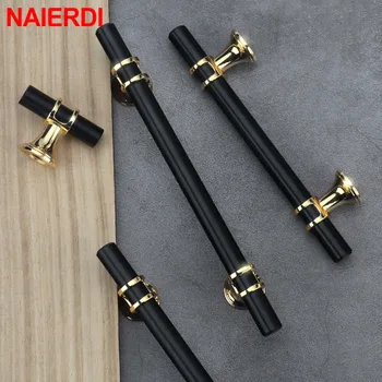 NAIERDI Nordic Style Zinc Alloy Black Door Handles Pulls Furniture Drawer Knobs Fashion Gold Aluminum Kitchen Cabinet Handles