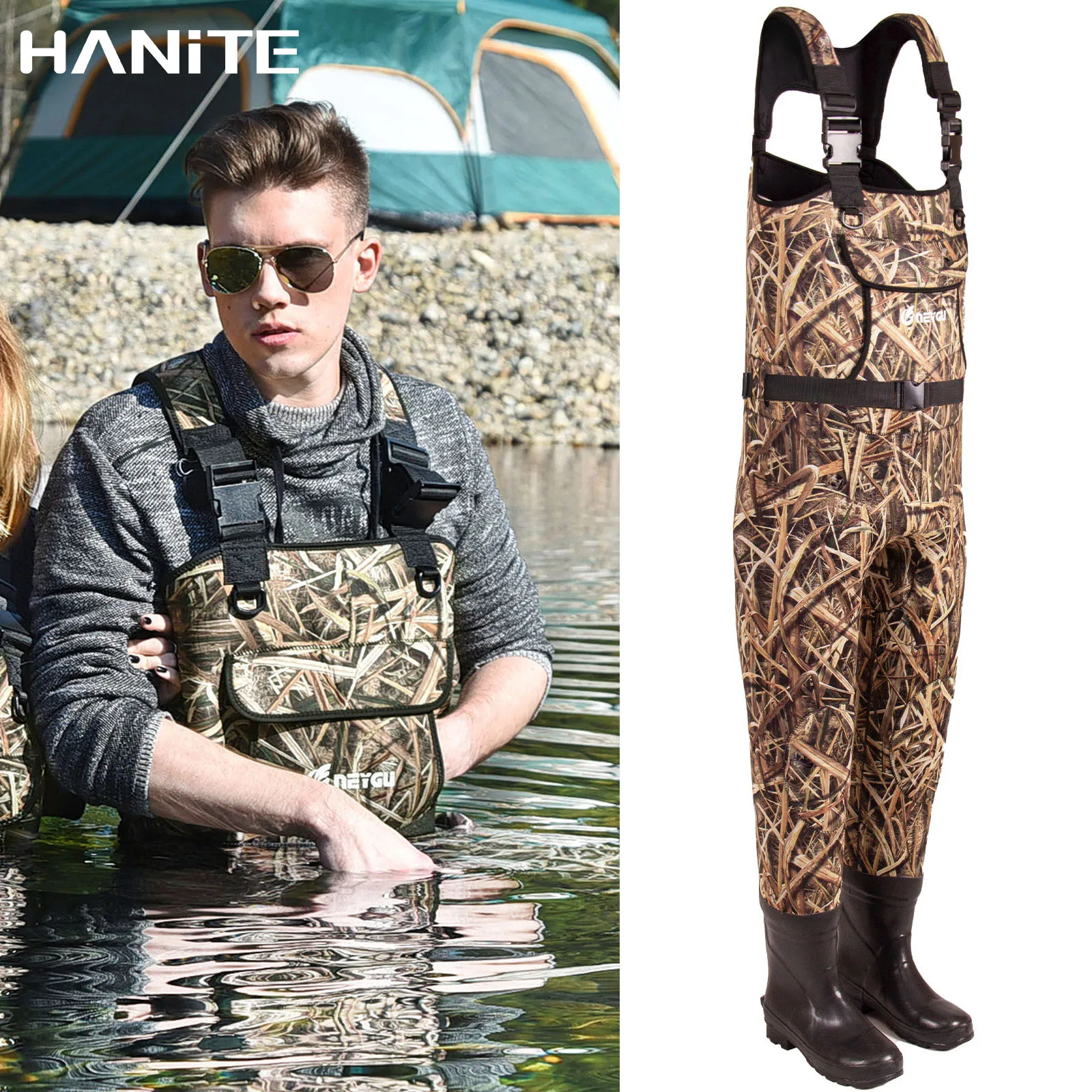 US $92.40 HANITE 5mm Waterproof Thermal Neoprene Wader with Rubber Boots for Fishing Hunting useful in rainysnowy and flood weather