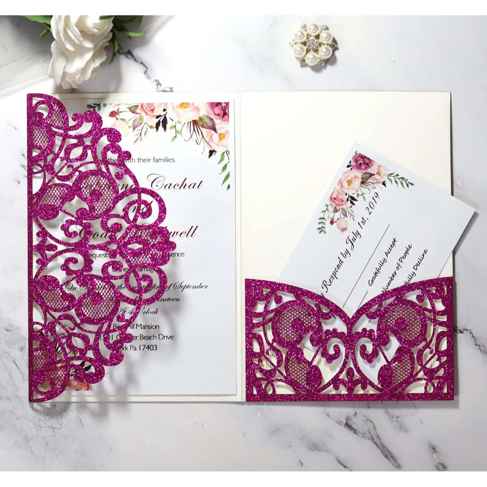 Фиолетовое блестящее Свадебное приглашение с RSVP 30+ цвет DIY лазерная резка карманные приглашения для Quicneanera день рождения приглашает