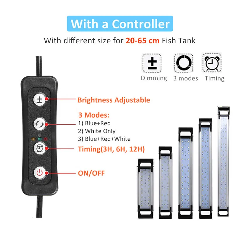 Лампа для аквариума, светодиодный светильник для аквариума 20-65 см, светодиодный светильник для рыбной ловли в помещении, светильник для водных растений, светильник с таймером и затемнением
