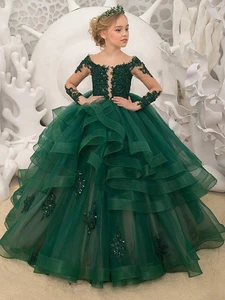 2024 Green First Communion Dresses Kids Evening Applique Beads Long Girls Pageant Party Lace Tulle Flower Girl Gown