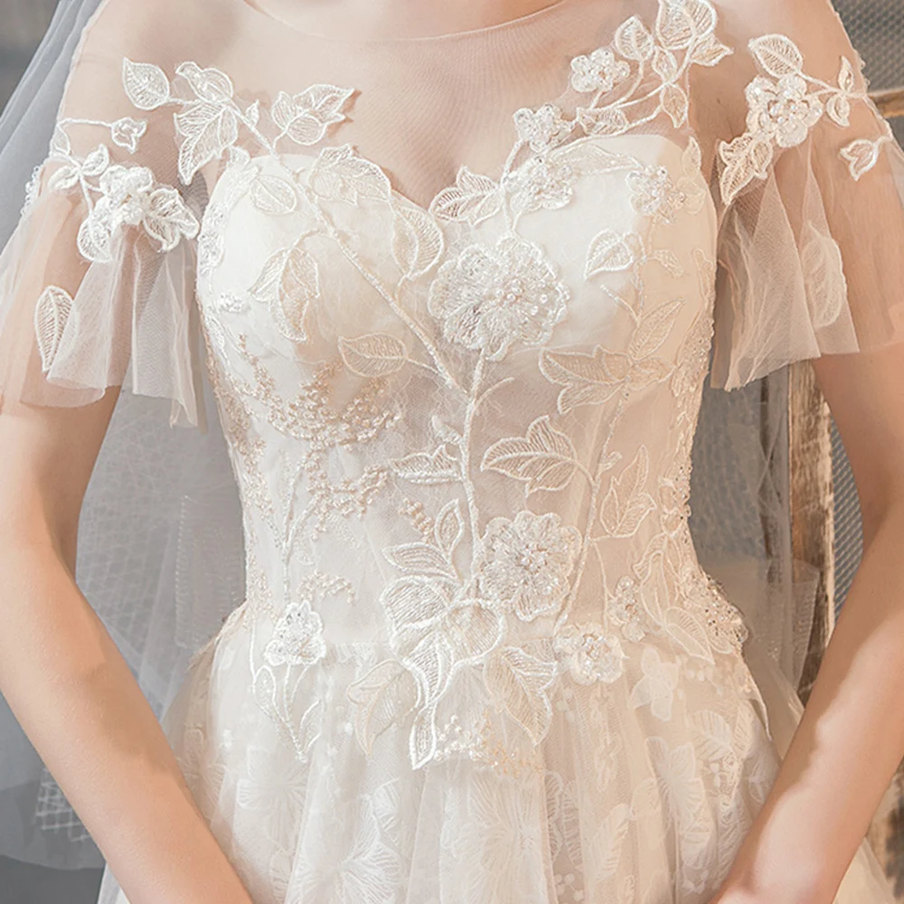На заказ кружевные свадебные платья с бантом Vestido De Casamento, с круглым вырезом, с короткими рукавами, прозрачные свадебные платья, большие размеры, товарный знак Aliexpress Trouwjurken