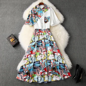

Women skirt and top set 2020 summer clothes color block shirts cartoon print a-line long skirts two piece outfits