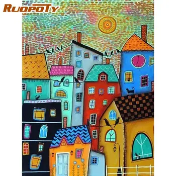 

RUOPOTY Painting By Numbers DIY Framed HandPainted Colorful House Landscape Oil Paints By Number Kits For Adults Bedroom Decors