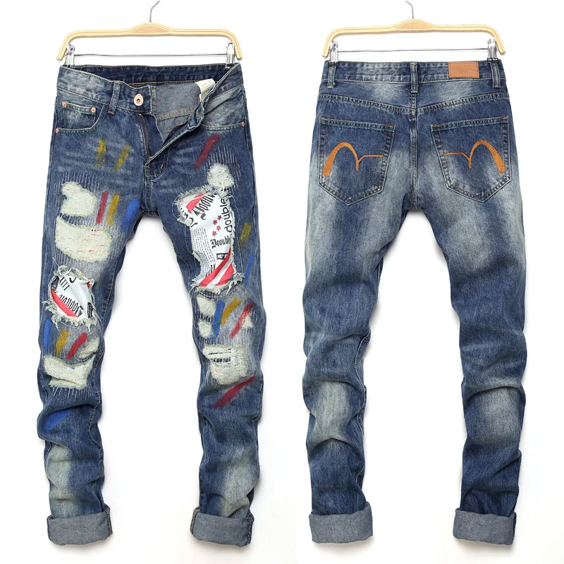 Мужские джинсы с дырками, мужские уличные брюки с рисунком ворона, мужские прямые брюки с заплатками, джинсовые брюки