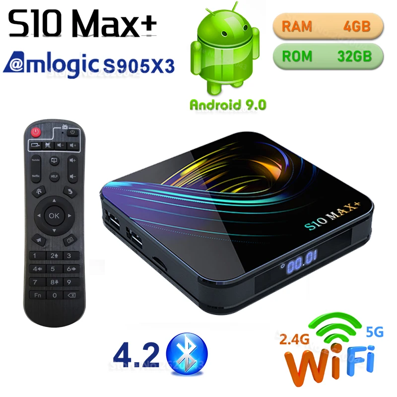 

S10 MAX PLUS Android 9.0 TV Box Amlogic S905X3 4GB RAM 32GB ROM Media Player 2.4G 5G WiFi Bluetooth 4.2 4K HD Smart Set Top Box