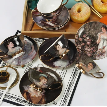 

European Court Figure Oil Painting Bone China Coffee Cup and Saucers coffee cup sets tea cup set party Wedding Gifts