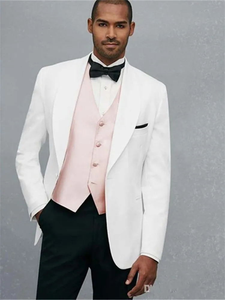 Классический мужской костюм смокинг Noivo Terno Slim Fit Easculino вечерние костюмы для мужчин белый пиджак розовый жилет черные брюки красивый