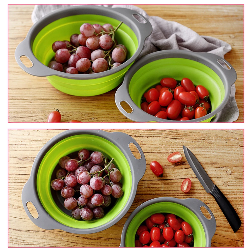 1Pc Foldable Silicone Colander Fruit Vegetable Washing Basket Strainer Collapsible Drainer With Handle Gadgets For Kitchen Tools