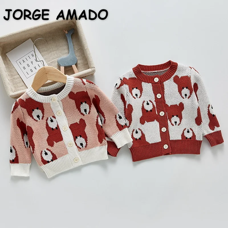 2022 Korean Style Spring Baby Girls Boys Cartoon Bear Cardigan Sweater+Sling Square Collar Pullover Bodysuit Child Clothes E1401 | Детская