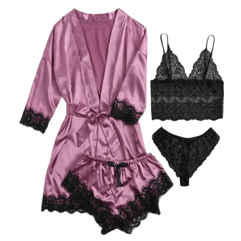 2022 Sexy Women's Pajamas Satin 4-piece Lace Silk Suspender Tops Shorts Robe Set Nightgown Underwear Nightdress Suit | Женская