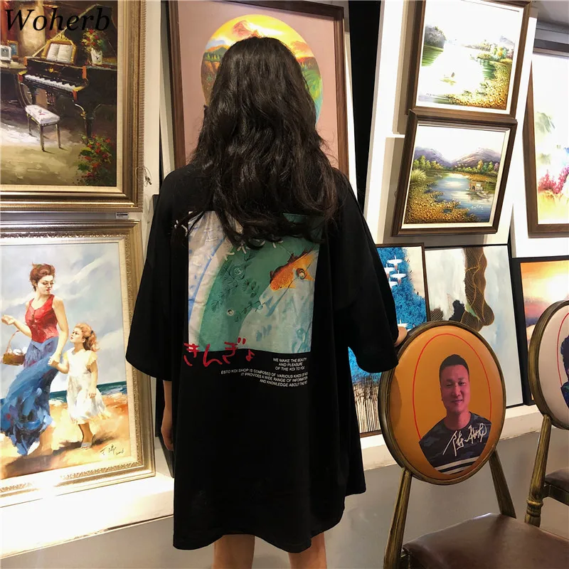 

Woherb Plus Size Mid-long T Shirt Women Casual Loose Aesthetic Print Graphic T-shirts 2019 Korean Style Modis Ladies Tops Tshirt