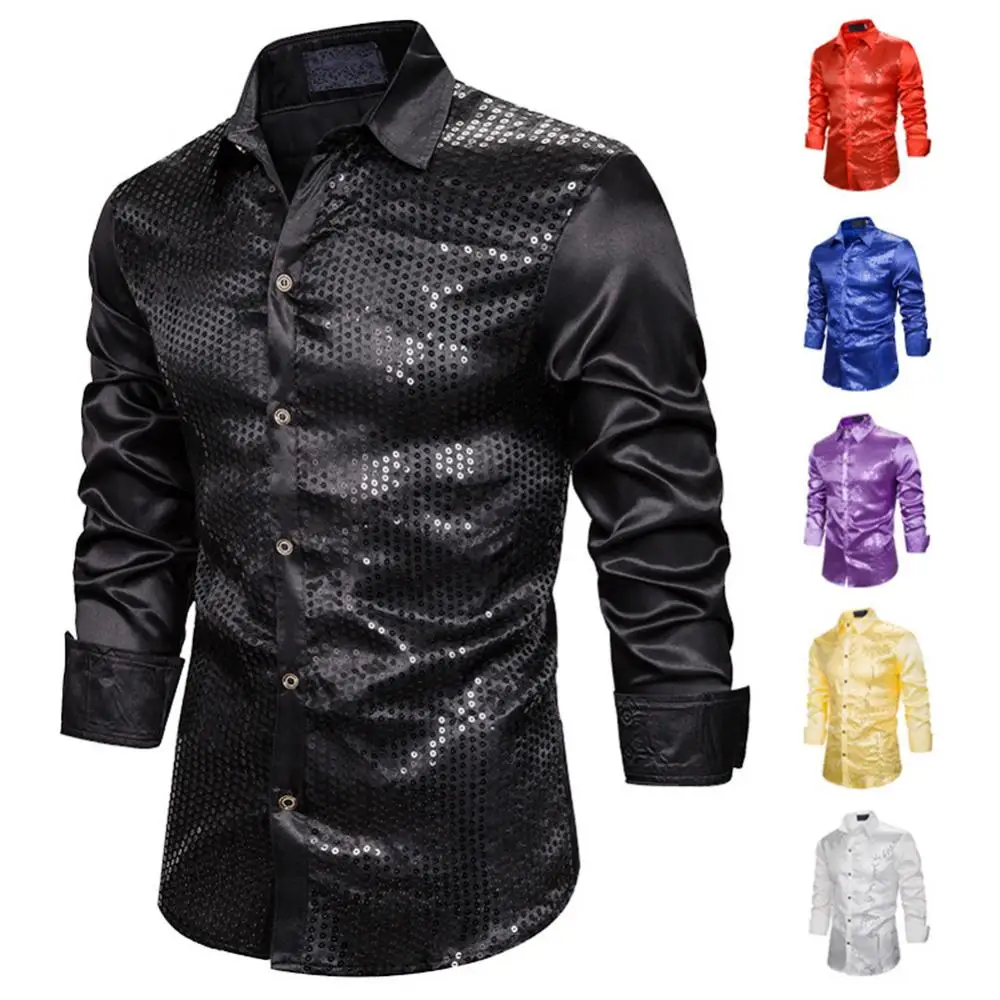 Men Shiny Sequins Shirt Long Sleeve Solid Color Turn Down Collar Party Stage Costume Top