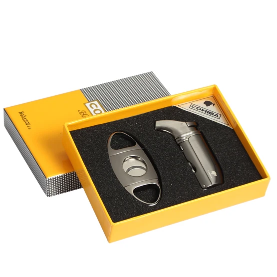 COHIBA Аксессуары Для Сигар Зажигалка резак набор прикуривателя гильотина набор острый резак Бутан газовая зажигалка набор с подарочной коробкой - Цвет: Черный