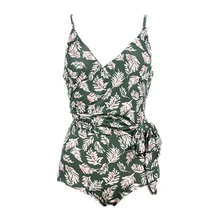 Для женщин цельнокроеное платье через шею, купальник в ретро стиле, Стиль листья принт с v-образным вырезом на бретельках с галстуком-бабочкой и пляжное бикини ванный комплект