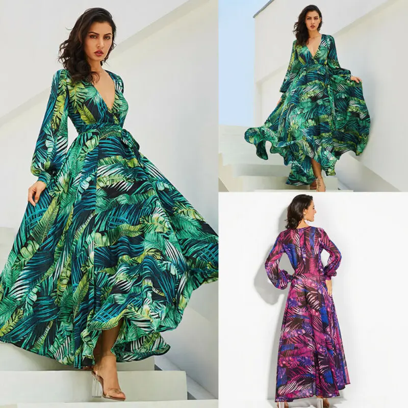 Boho Макси платье с длинным рукавом V образным вырезом цветочное свободное туника