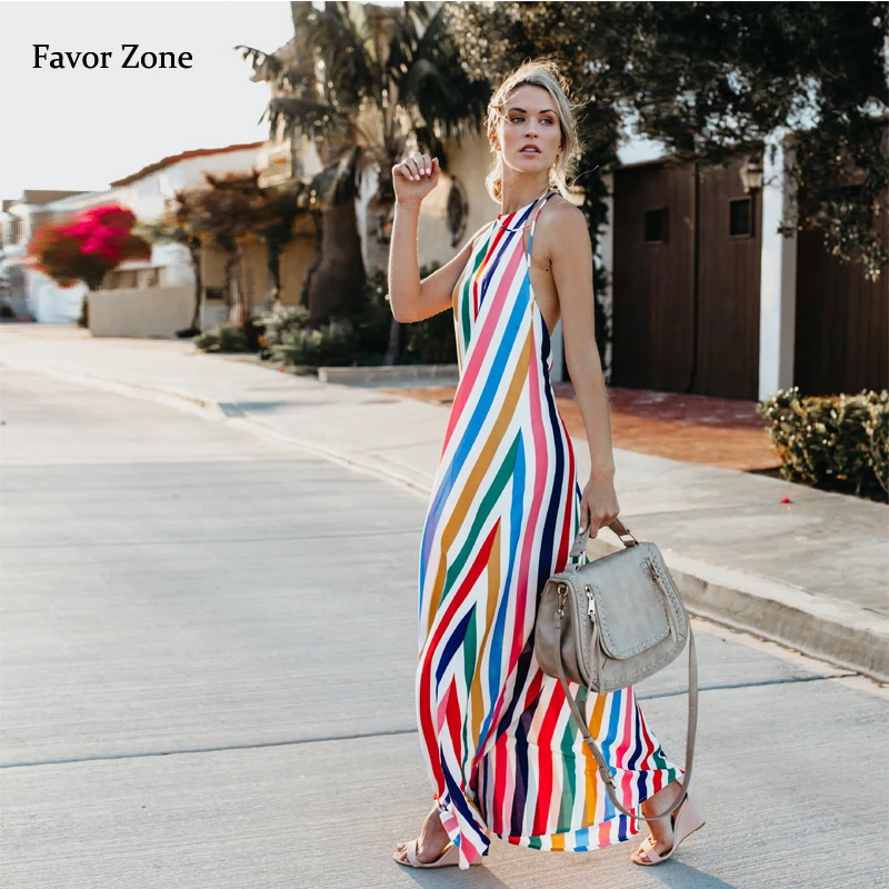 

2019 Summer Long Dress Halter Sleeveless Backless Maxi Sexy Women Dress Colorful Striped Vintage Party Dresses Longue Vestidos
