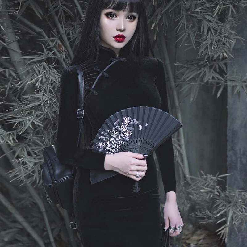 InstaHot китайское стильное бархатное китайское платье с разрезами по бокам и воротником-стойкой женское облегающее Винтажное с длинным рукавом сплит Mni традиционное элегантное Qipao Новое