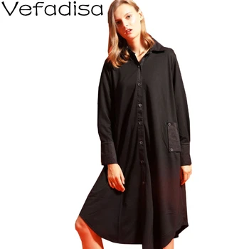 

Vefadisa Large Size Women Shirt 2020 Autumn irregular Shirt Loose Animal image Patchwork Mid-length Shirt Dress Black LHX136