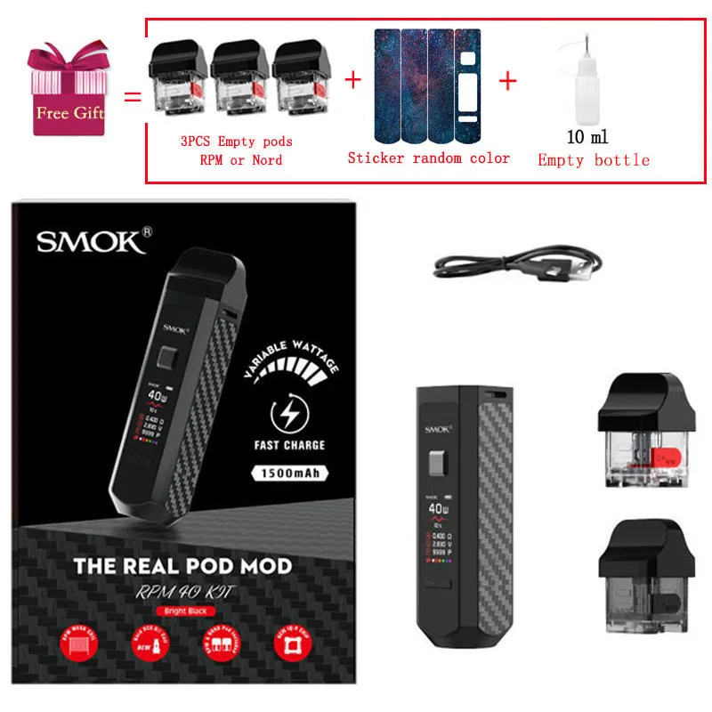 SMOK RPM40 Pod Комплект Vape 40 Вт 1500 мАч батарея 4,3 мл бак RPM сетка 4,5 Ом катушка мл Nord Pod RBA электронная сигарета испаритель - Цвет: Bright Black