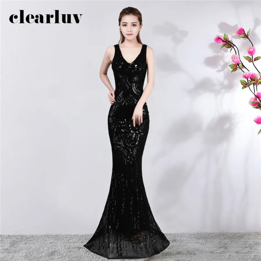 

Evening Dresses Double V-Neck Sequins Mermaid Party Gowns DX354 Plus Size Elegant Robe De Soiree 2020 Long Sleeveless Prom Gowns