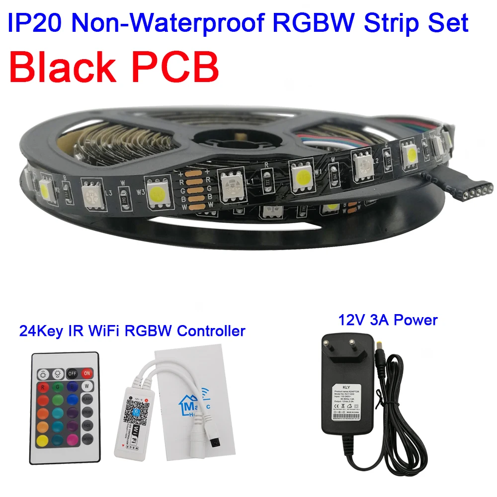 Black PCB IP20 Set DC12V 5050 LED Strip RGBW RGBWW 60LEDs/m 5m with mini 24Key IR WiFi Controller 3A Power Supply LED Strip Set Support APP Control - Испускаемый цвет: Black PCB IP20 Set