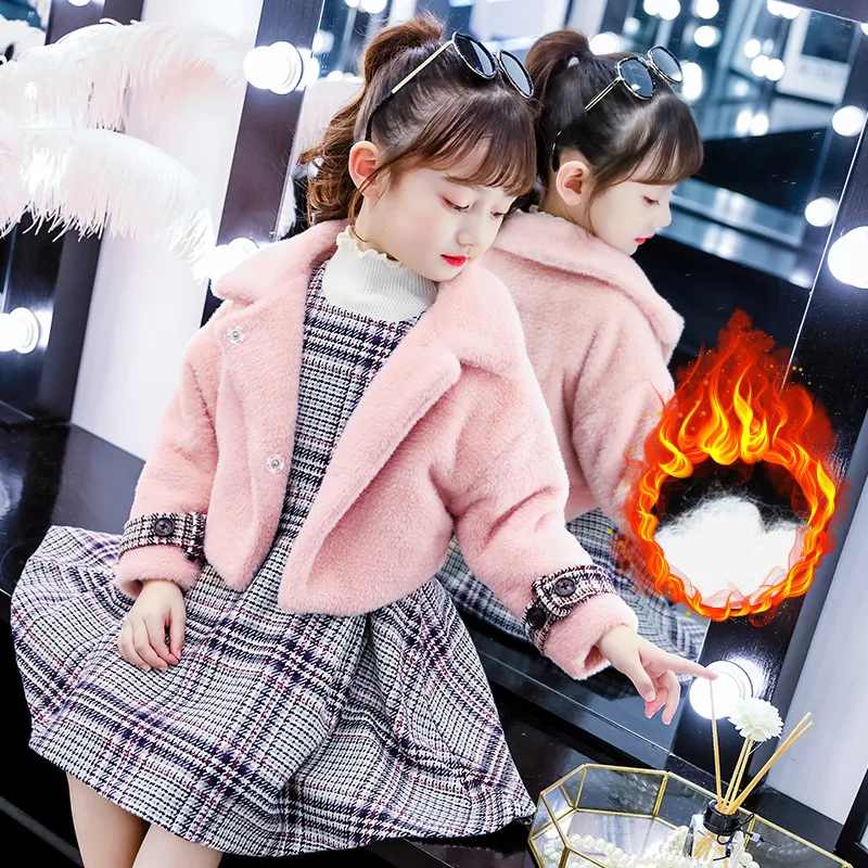 

Teenage Girls Clothing Set Winter Thick Warm Fur Coat Plaid Dress Two Pieces Kids Clothes Children Costume 12 13 Years