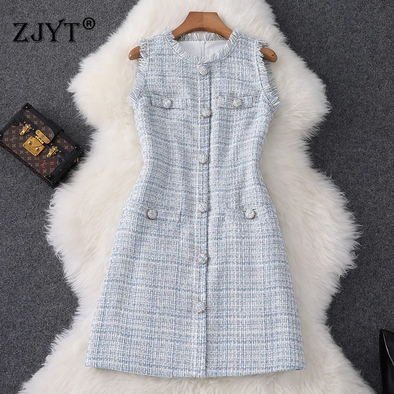 

New Arrival Autumn Winter Dress 2019 Women's Runway Fashion Sleeveless Tassel Plaid Casual Tweed Woolen Dress Female Clothes