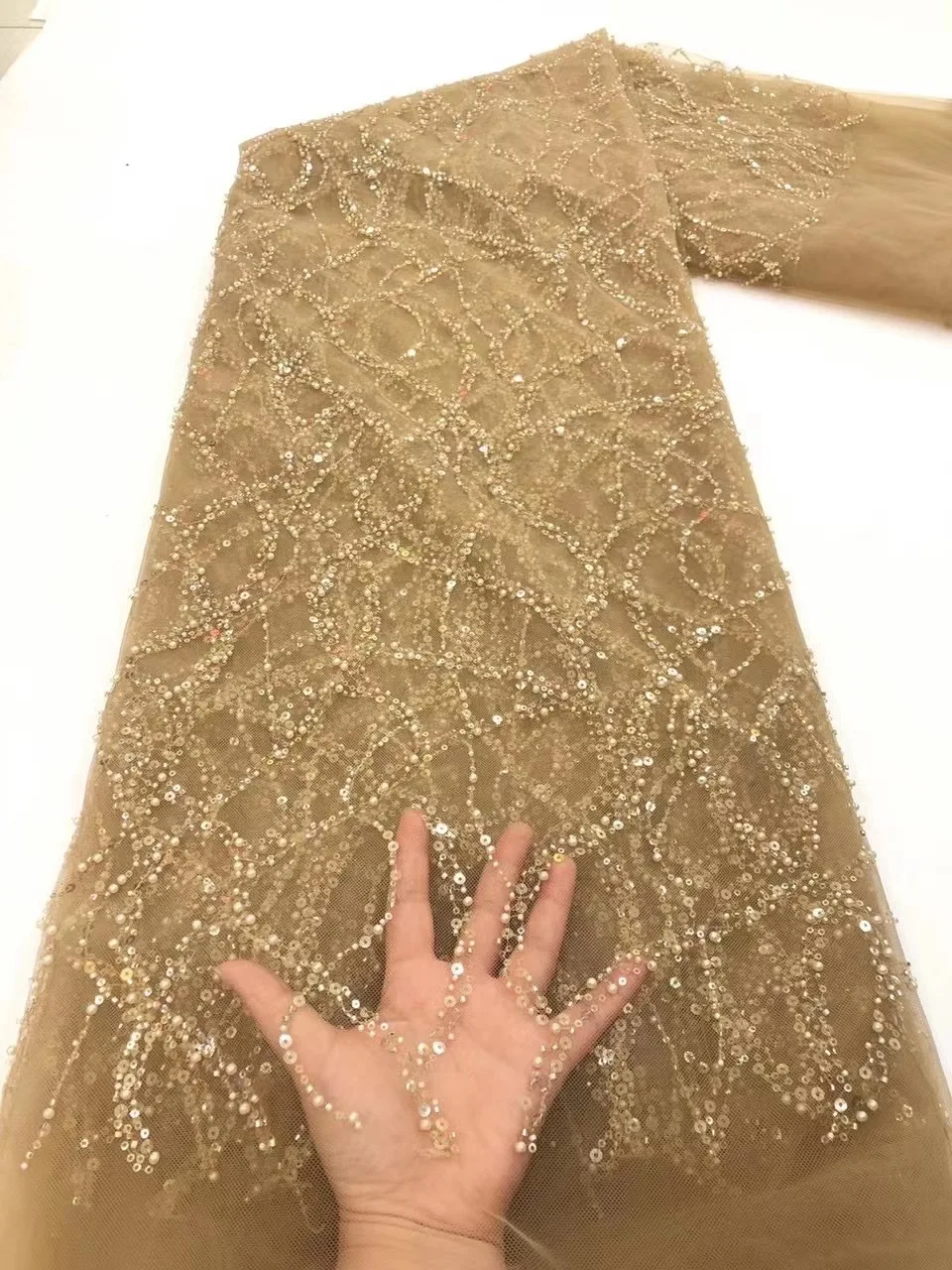 

Beautiful Sequence African Sequined Mesh Lace 2021 High Quality Nigerian Tulle Handmade Bead Lace Fabric Wedding Dress D4526