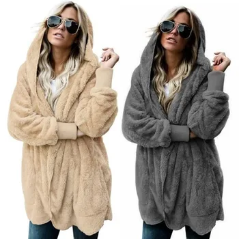 

Autumn Winter Jacket Female Coat Causal Soft Hooded Pocket Zipper Fleece Plush Warm Plus Size Faux Fur Fluffy Women Jacket