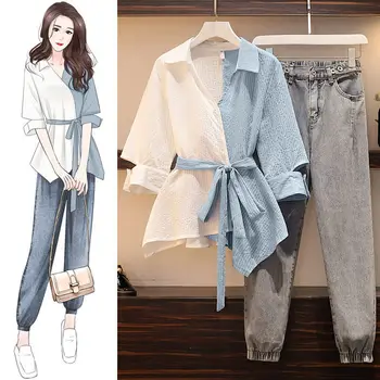 

2020 Spring Summer 2 Pieces Jeans Suits Women Stitching Color Blouse with Belt + Calf-length Denim Pants Sets Tracksuit Set F03