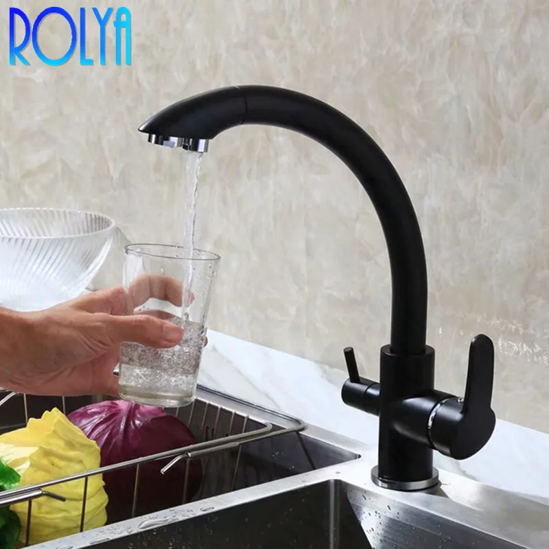 

ROLYA No-lead Copper Black Tri Flow Kitchen Faucet 3 Way Water Filter Tap Black