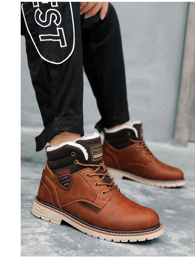 TANTU Men's High-cut Waterproof Military Tactial Boots Leather Warm Fleece Winter Sneakers Snow Boots Non-slip Hiking Shoes
