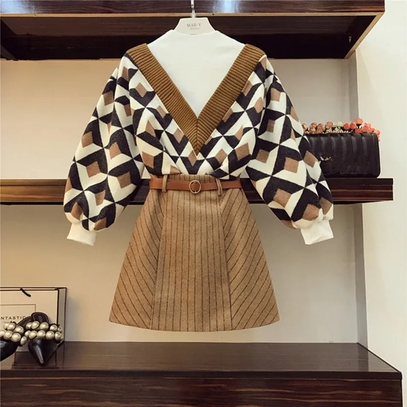 Модный свитер с геометрическим узором, свободный свитер с v-образным вырезом, джемпер+ миди-юбка с высокой талией, женский осенний зимний вязаный пуловер, юбка, костюмы - Цвет: suit