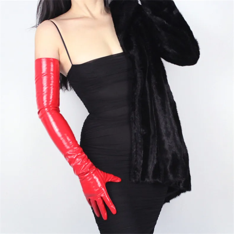 Красные перчатки из лакированной кожи, 50 см, ярко-красные, большие, красные, очень длинные, из искусственной кожи, зеркальные, яркие, кожаные, имитирующие локоть, женские, WPU36