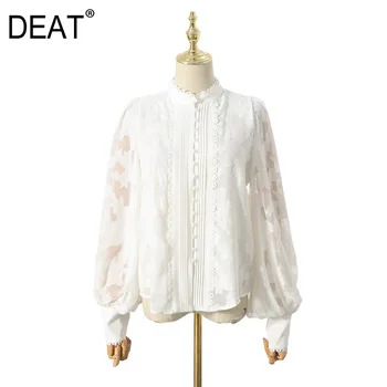 

DEAT 2020 Mew Fashion Women Vintage Loose Lace Shirt Lantern Long Sleeve Pearl Button Solid Color Blouse ZA4192