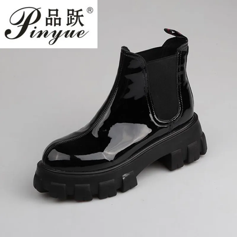 

Patent Leather Platform Boots Women Round Toe Chelsea Boots Women Solid Black Designer Ankle Women's Boots