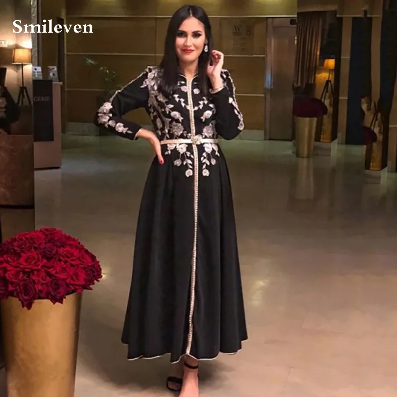 

Smileven Black Moroccan Kaftan Formal Evening Dress Lace Appliques Arabic Special Occasion Dresses Muslim Party Gowns